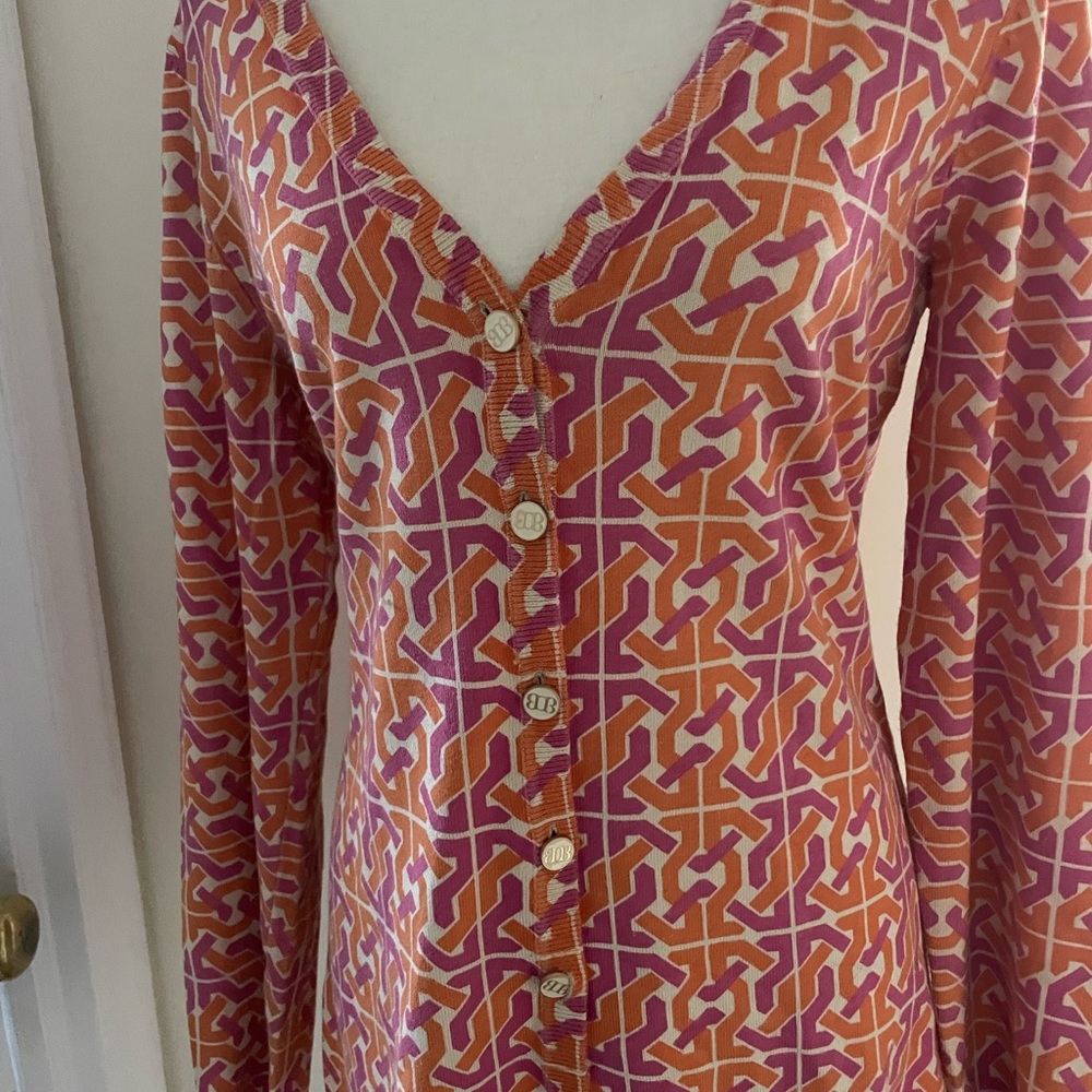 Boo Gemes Cream Pink and Orange geometric Cardigan Ladies size Large